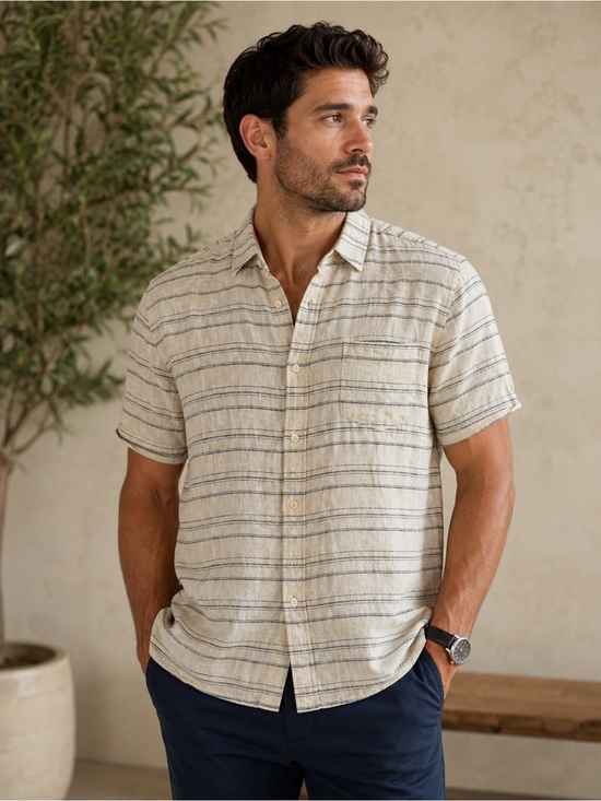 Ben Sherman Other - Ben Sherman Mens Shirt Size Large Button Front Striped Short Sleeve Linen Blend